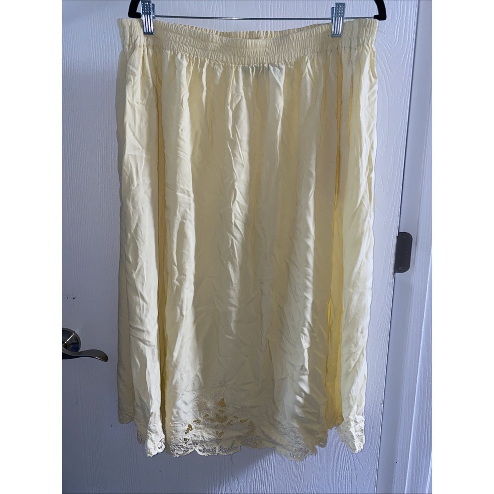 Vintage Jane Ashley‎ Women 2x Ivory Yellow Rayon MIDI Skirt Summer Embroidered
